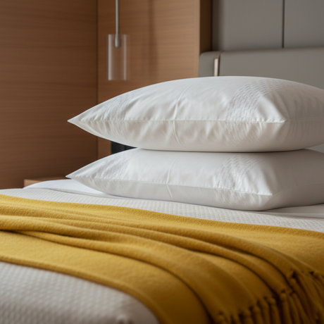 Two stacked white Eastman Heritage luxury pillows on a bed with a textured yellow throw blanket in a modern bedroom.